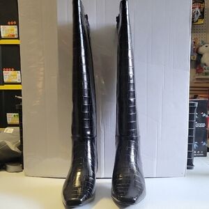 Black Croc-Embossed Knee-High Boots